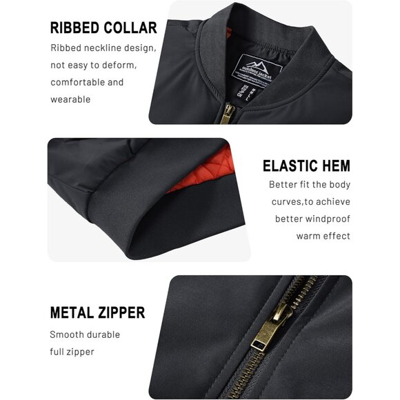 Tacvasen Mens Black Bomber Winter Warm Padded Work Coat Casual Windproof Jackets - Picture 5 of 6